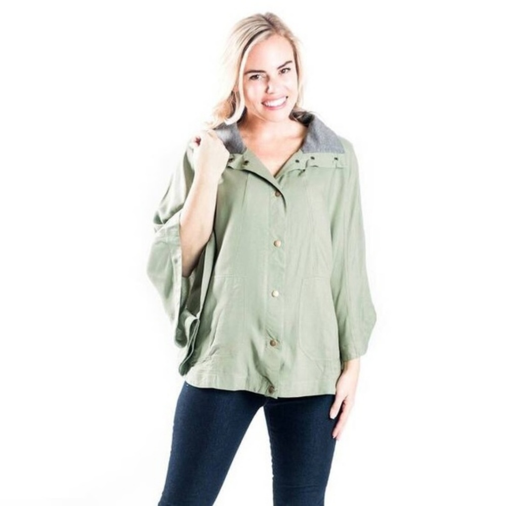 Olive Green Cape Style Poncho Button Up Jacket - Picture 2 of 4
